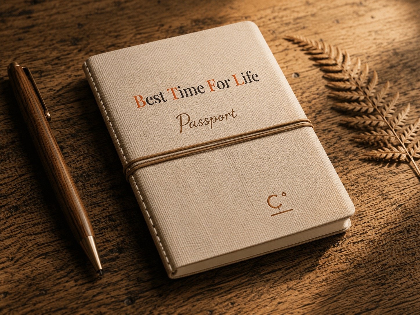 The physical BTFL Passport — a premium small booklet bound in cream and terracotta