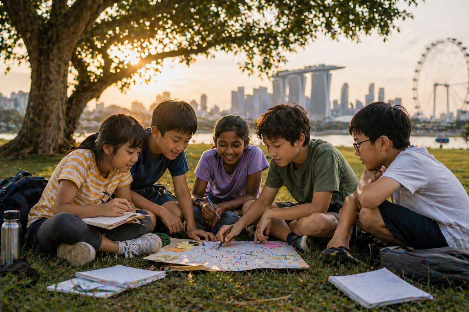 Children learning outdoors with city skyline