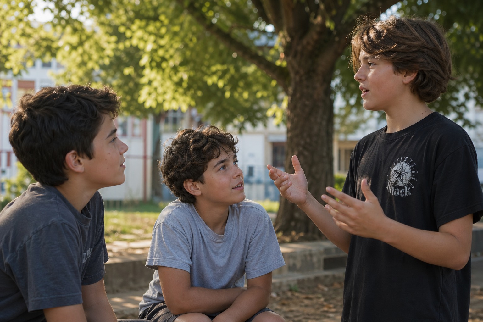 Children in conversation under a tree