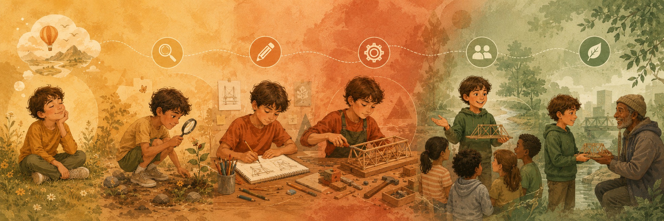 Panoramic illustration of a child's developmental journey from Imagine to Impact