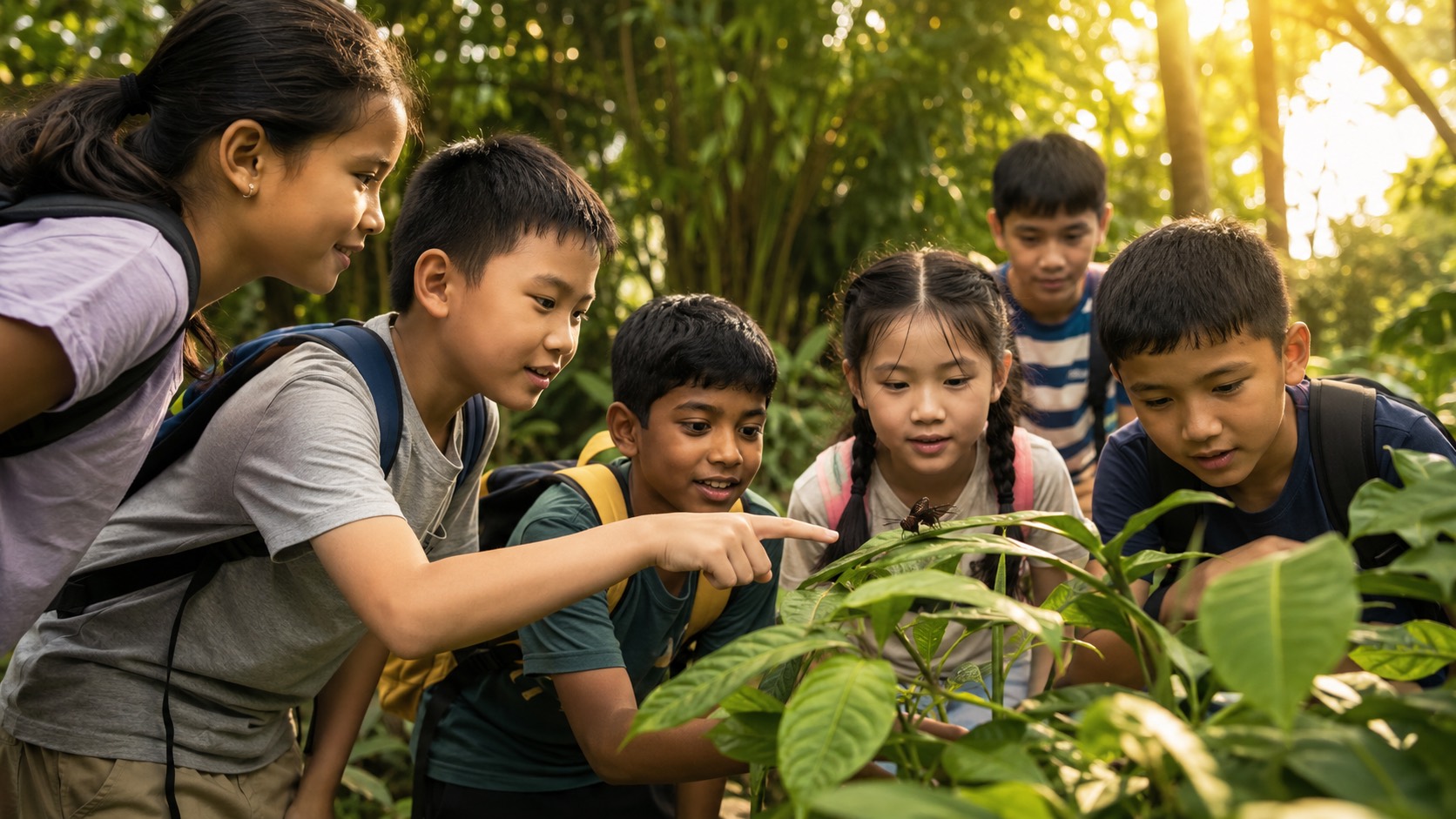 Children exploring a tropical garden in Singapore