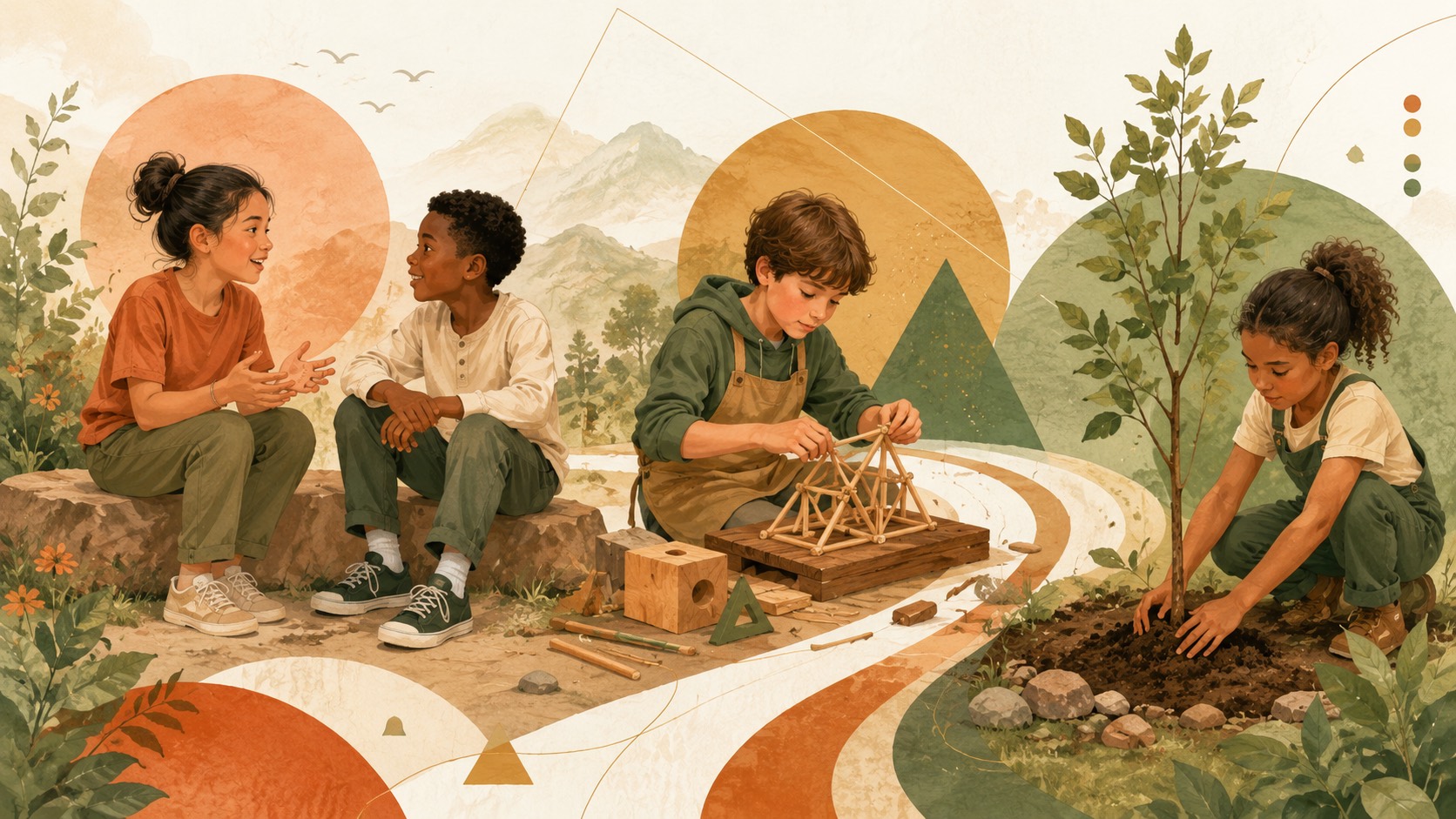 Illustration showing children connecting, creating, and contributing on a journey through nature