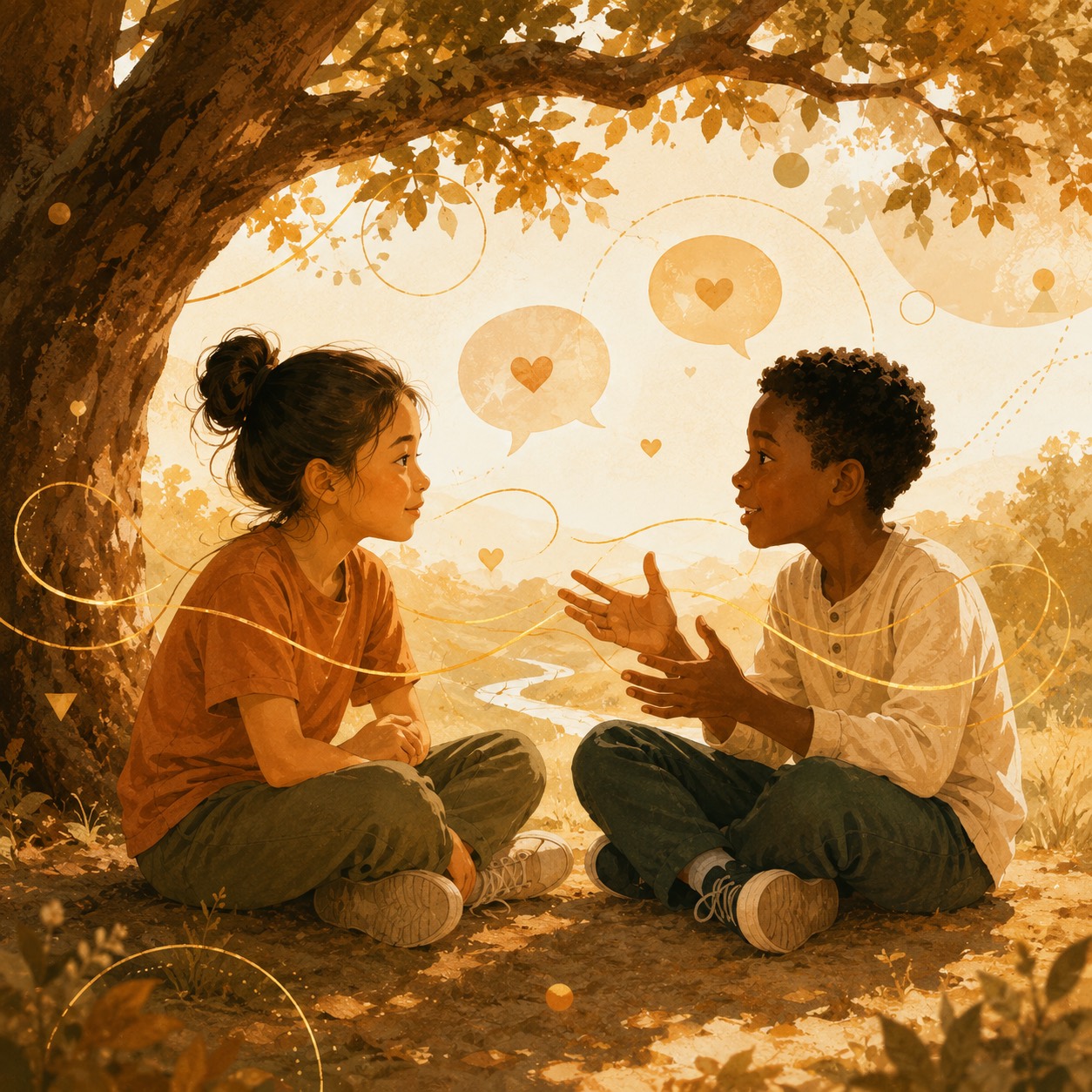 Two children talking under a tree — the Connect pillar