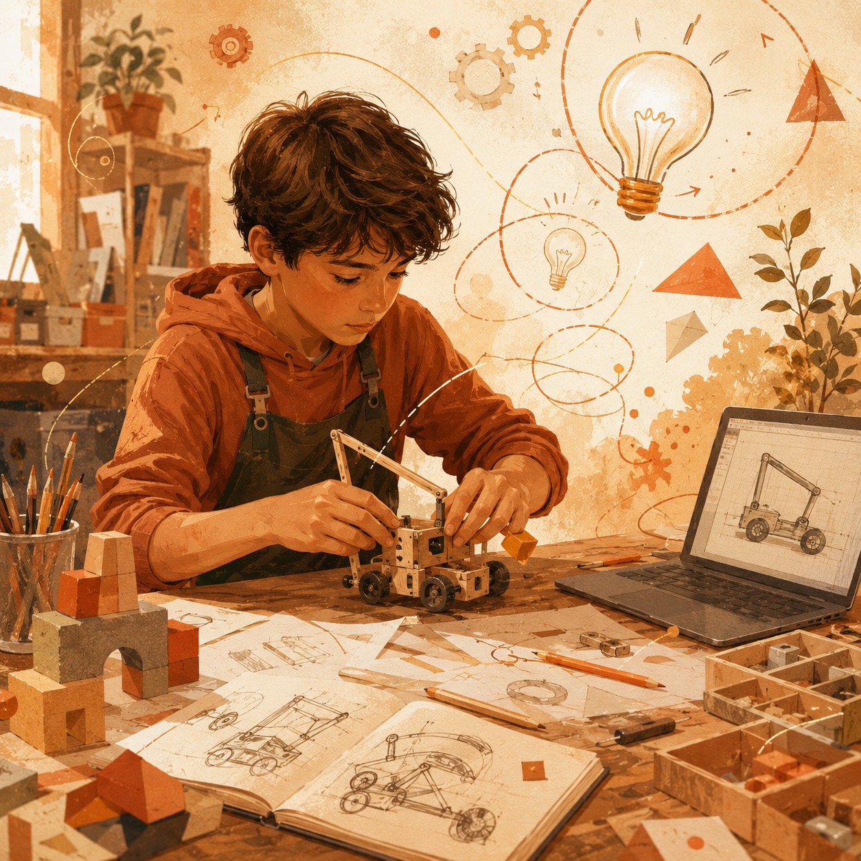 Child building a prototype at a workbench — the Create pillar